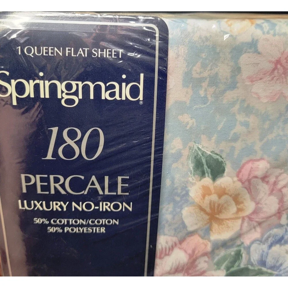 VINTAGE SPRINGMAID NOS QUEEN FLAT SHEET Powder Rose Blue NO IRON 180 PERCALE USA